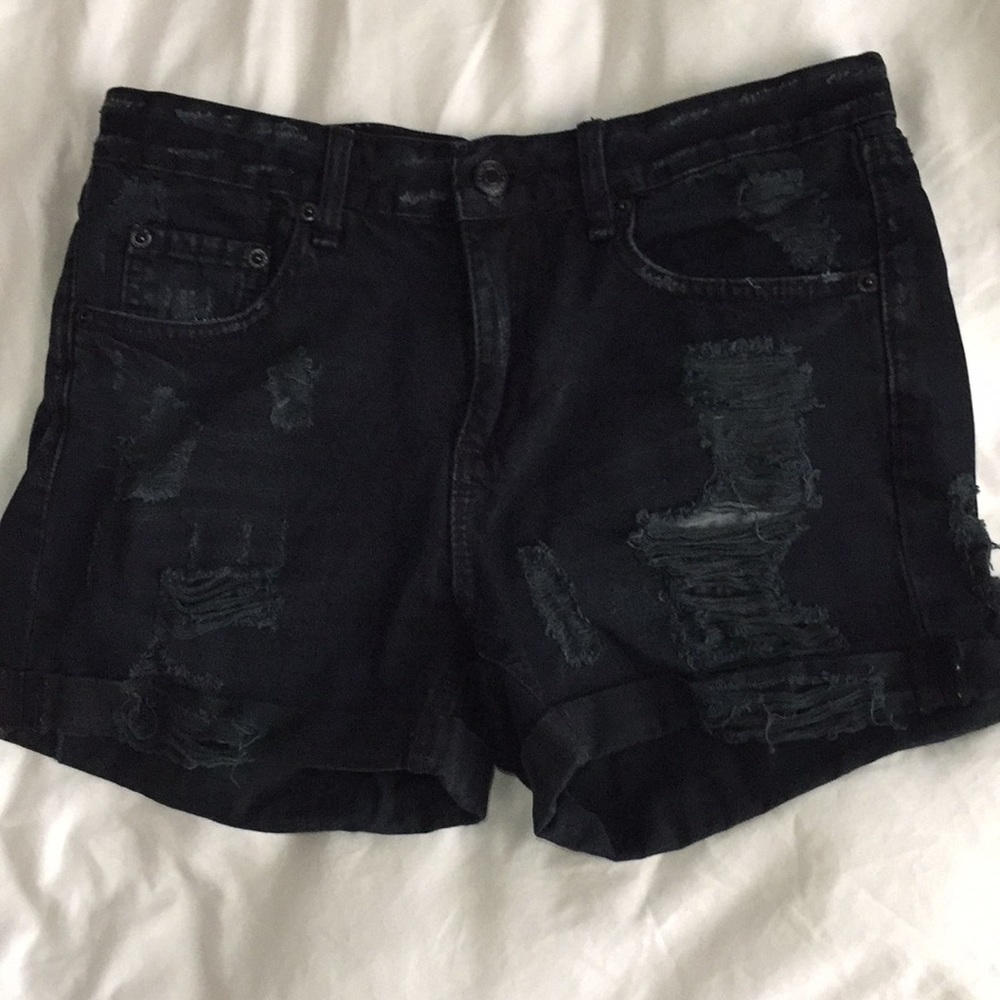 Distressed black denim shorts